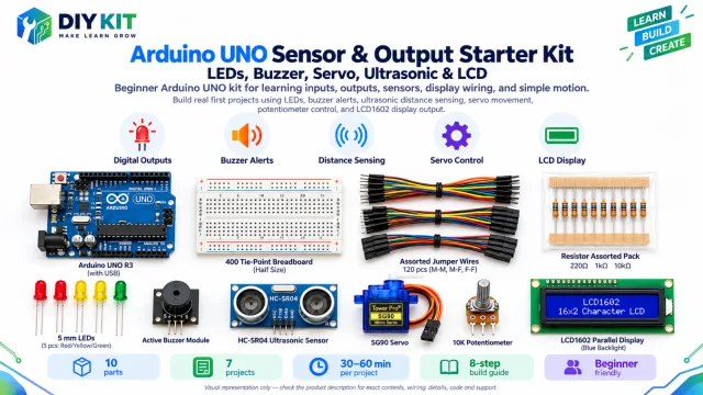 Arduino UNO Sensor & Output Starter Kit - LEDs, Buzzer, Servo, Ultrasonic & LCD