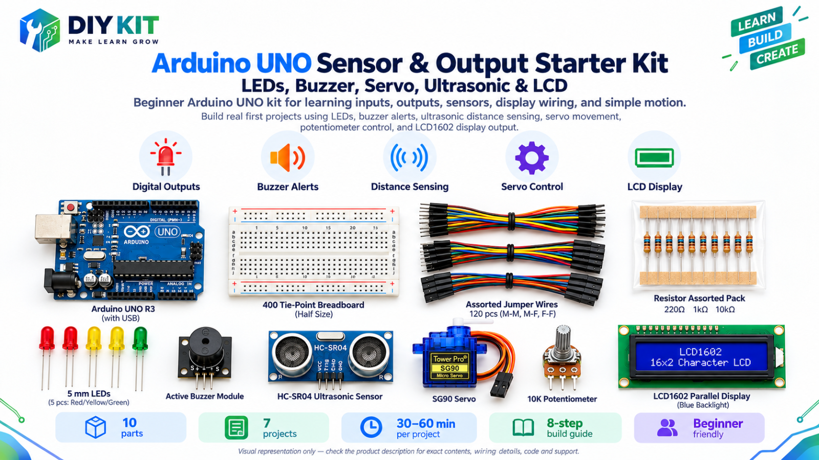 Arduino UNO Sensor & Output Starter Kit - LEDs, Buzzer, Servo, Ultrasonic & LCD