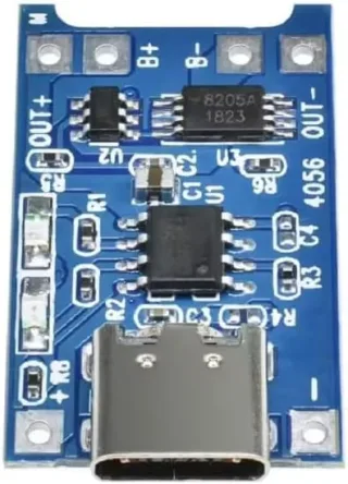 TP4056 Type-C Lithium Battery Charger Module 5V 1A, 1S 3.7V Li‑ion/LiPo Charging Board with Protection, USB‑C Input, OUT+/OUT- & B+/B- Pads, Status LEDs for DIY Power Projects