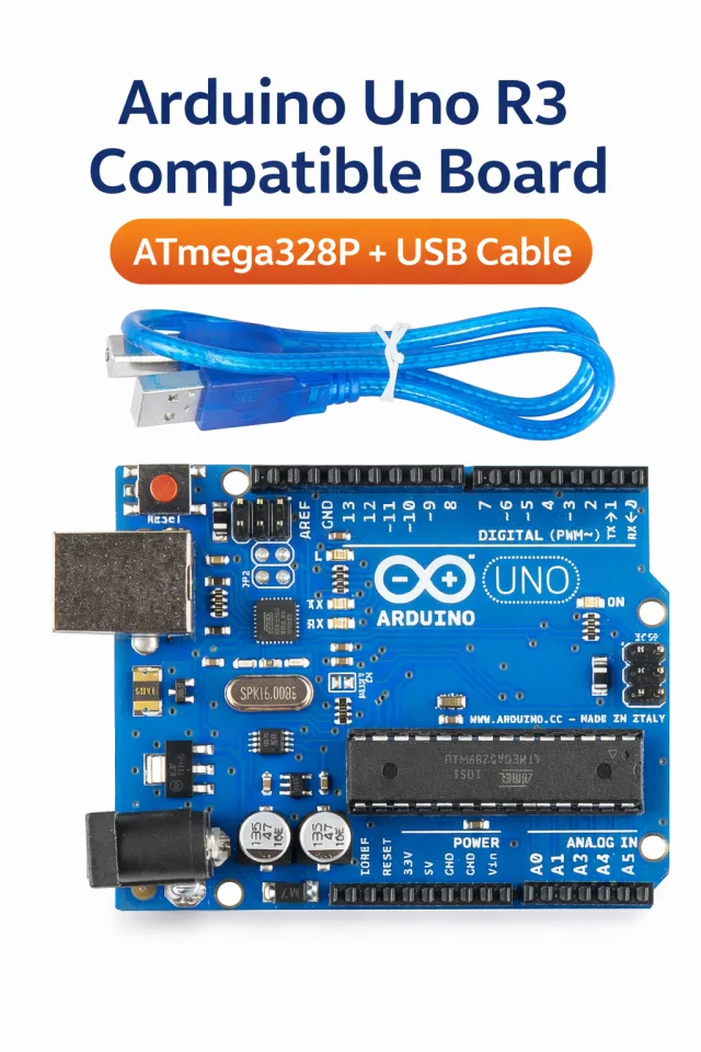 UNO R3 Development Board ATmega328P Microcontroller with USB Cable, 5V Logic, 14 Digital I/O, 6 Analog Inputs, Fully Compatible with Arduino IDE for Robotics, IoT, and DIY Electronics Projects