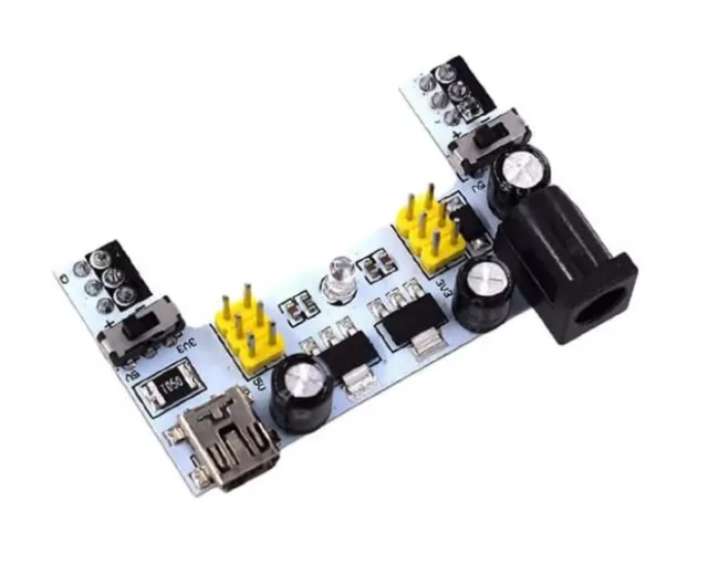 MB102 Breadboard Power Supply Module, Dual Rail 5V/3.3V Regulator Board, Mini USB + DC Jack Input, On/Off Switch, 2-Channel Output for 830/400 Tie-Point Breadboards, Arduino Compatible