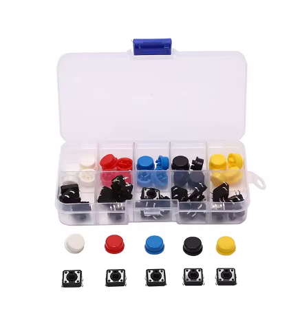 Tactile Microswitch Kit 25pcs 12x12x7.3mm Momentary Push Button Switches with Assorted Coloured Caps, Through-Hole 4-Pin PCB Tact Switch Set with Storage Box for DIY Electronics
