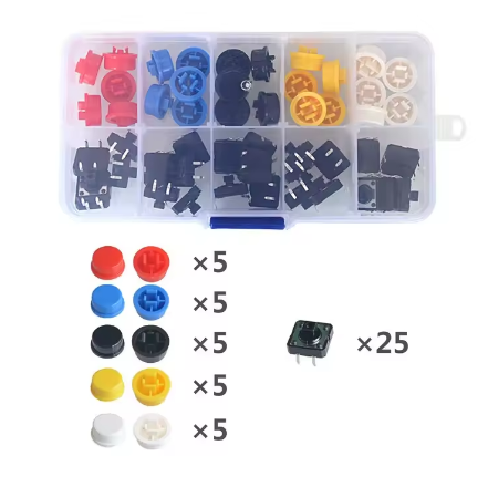 Tactile Microswitch Kit 25pcs 12x12x7.3mm Momentary Push Button Switches with Assorted Coloured Caps, Through-Hole 4-Pin PCB Tact Switch Set with Storage Box for DIY Electronics – image 3