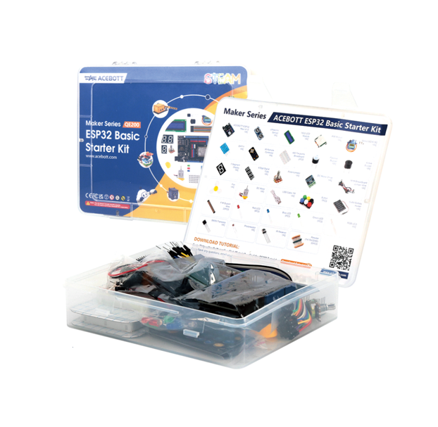 ACEBOTT ESP32 Basic Starter Kit for STEM Learning with 40+ Systematic Lessons, Sensors & Motors, WiFi Bluetooth Controller Board, Multi-Platform Coding (Arduino, Blockly, Python), Upgradeable Wooden Models