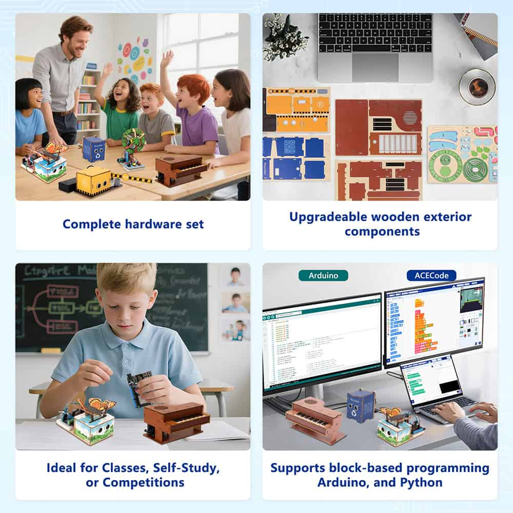 ACEBOTT ESP32 Basic Starter Kit for STEM Learning with 40+ Systematic Lessons, Sensors & Motors, WiFi Bluetooth Controller Board, Multi-Platform Coding (Arduino, Blockly, Python), Upgradeable Wooden Models – image 4