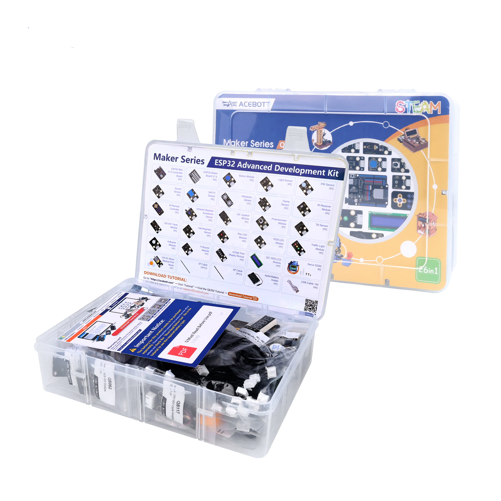 ACEBOTT ESP32 Advanced Development Kit 26-in-1 Electronic Sensor Project Learning Kit with Easy-Plug Modules, LCD1602, Ultrasonic, PIR, Temp/Humidity, 40+ Lessons for Arduino IDE, Python & Blockly