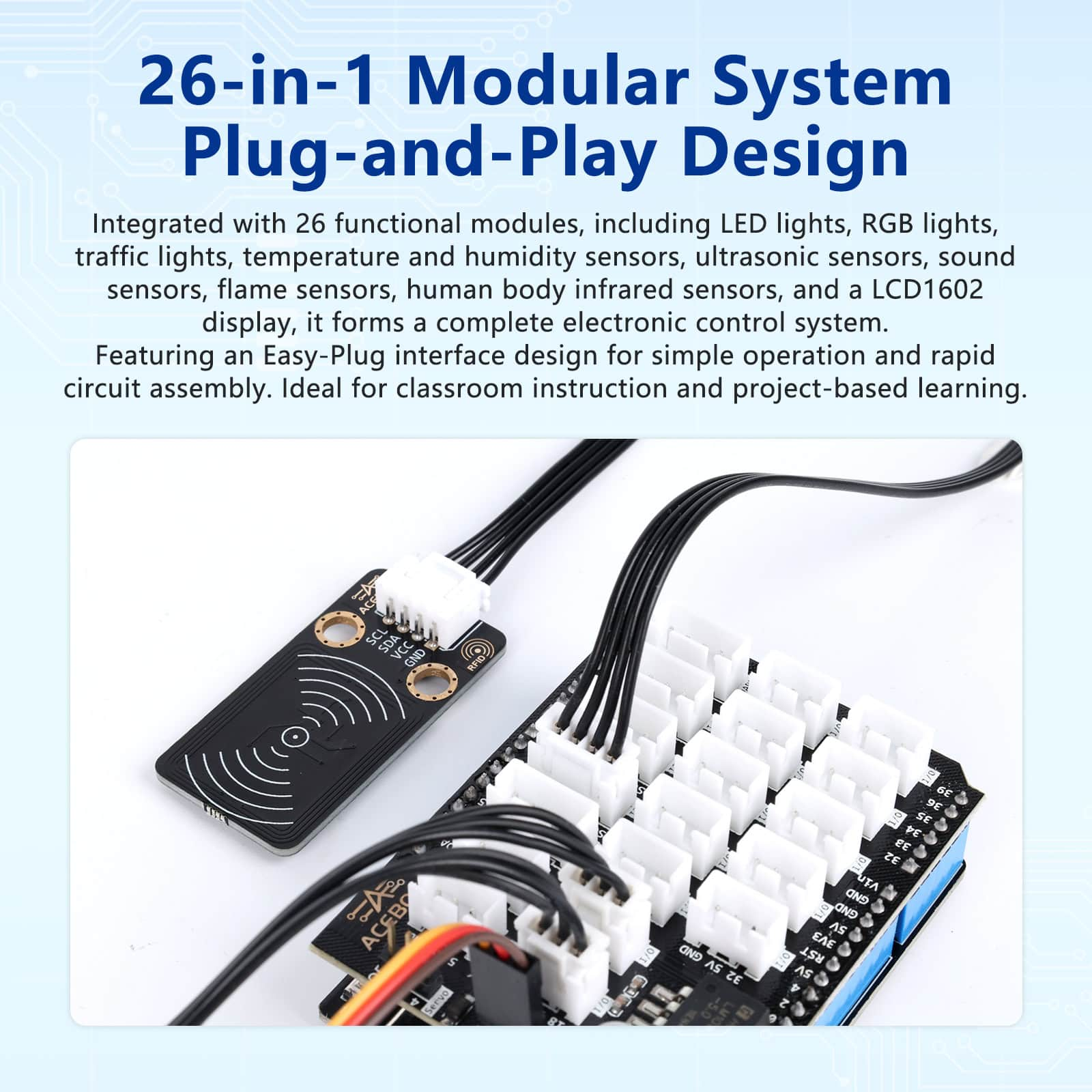 ACEBOTT ESP32 Advanced Development Kit 26-in-1 Electronic Sensor Project Learning Kit with Easy-Plug Modules, LCD1602, Ultrasonic, PIR, Temp/Humidity, 40+ Lessons for Arduino IDE, Python & Blockly – image 4
