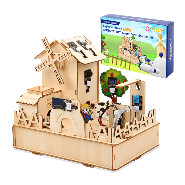 ESP32 IoT Smart Farm STEM Coding Kit with Easy-Plug Sensors, Solar Windmill, Auto Watering, Pet Feeder, RGB Lighting & Environmental Monitoring, Arduino-Compatible, ACECode & Python Tutorials for K-12