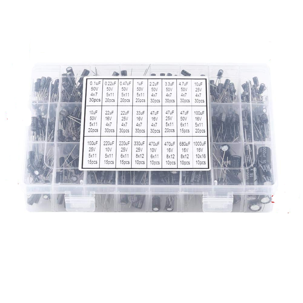 500 Piece Electrolytic Capacitor Kit - 24 Values 0.1uF to 1000uF, 10V-50V Radial Assortment Box for Arduino, Power Supply & Repair Work