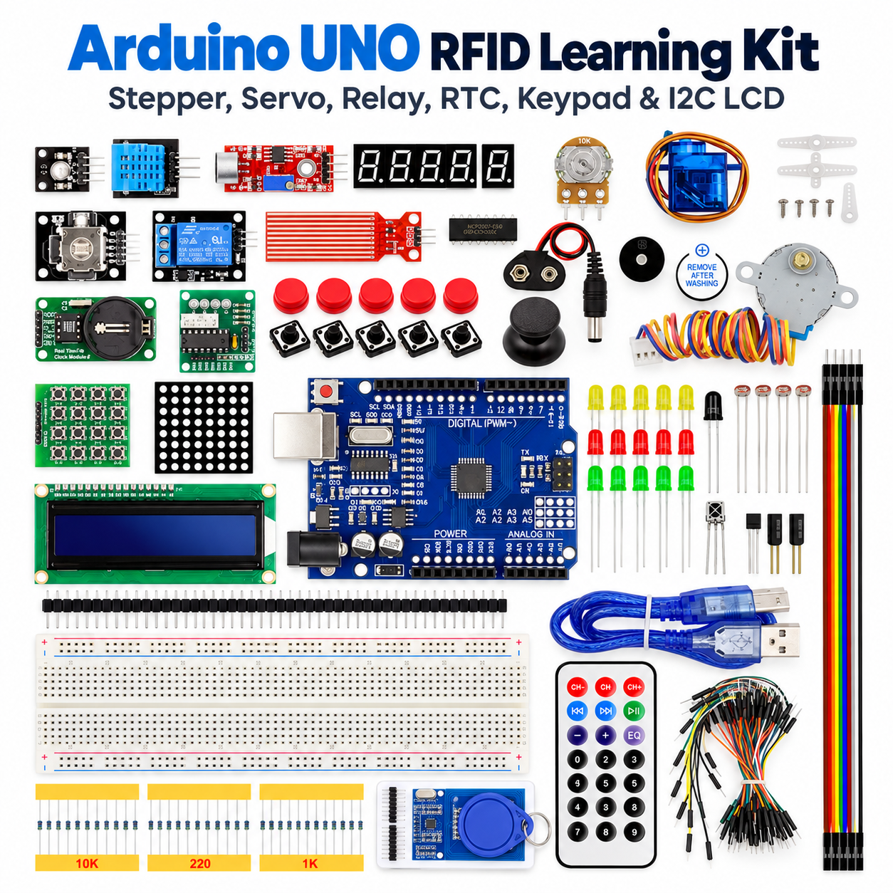 Arduino UNO RFID Learning Kit - Stepper, Servo, Relay, RTC, Keypad & I2C LCD